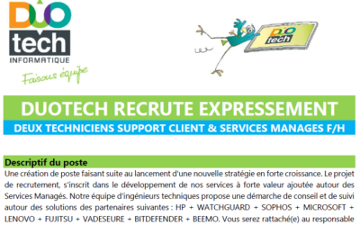 RECRUTEMENT DE DEUX TECHNICIENS SUPPORT CLIENT & SERVICES MANAGES F/H